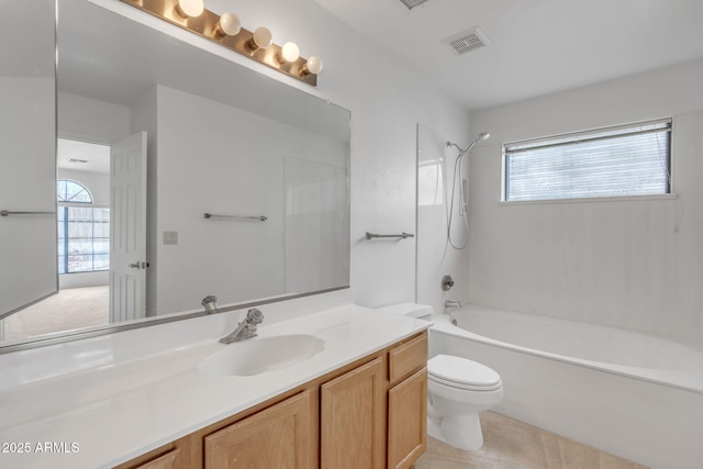 full bath featuring visible vents, vanity, toilet, and shower / bathing tub combination