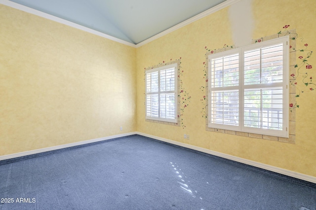 carpeted spare room with crown molding and lofted ceiling