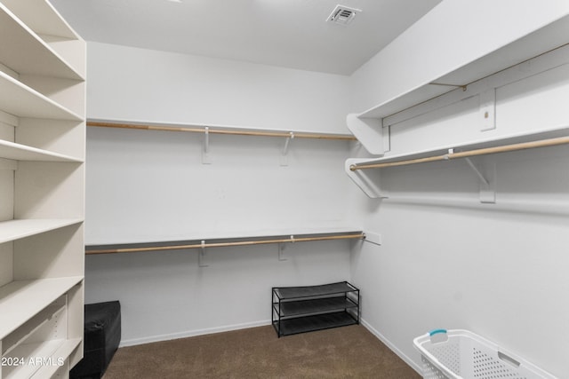 walk in closet featuring dark colored carpet