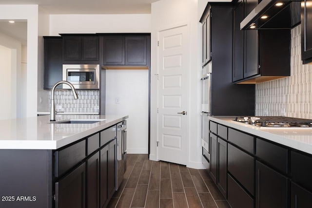 kitchen with appliances with stainless steel finishes, range hood, sink, and decorative backsplash