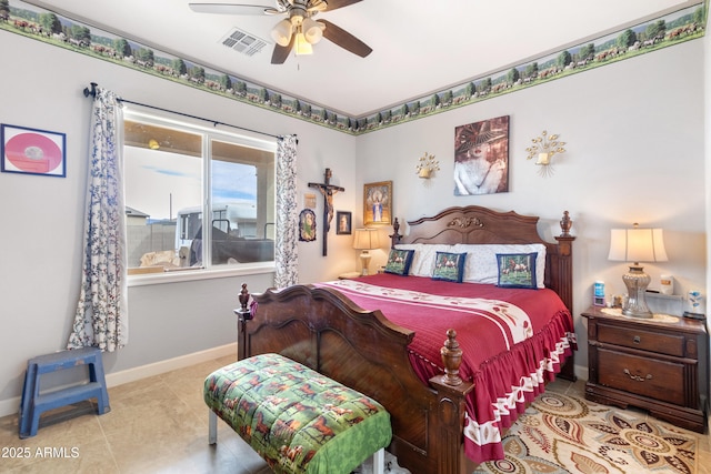 bedroom with light tile patterned floors, baseboards, visible vents, and a ceiling fan