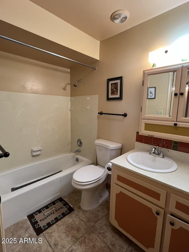 bathroom featuring tile patterned floors, toilet, shower / bath combination, vanity, and visible vents