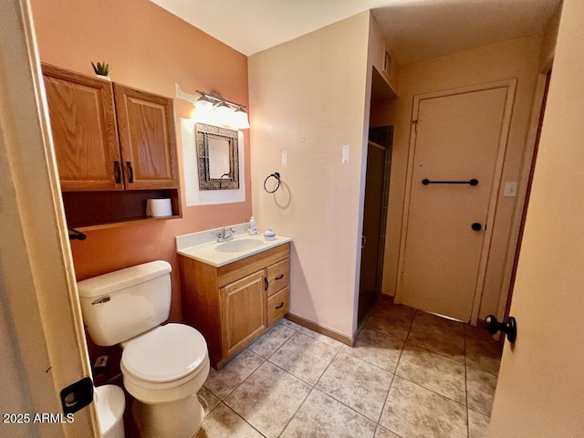full bath featuring vanity, toilet, a shower stall, and tile patterned flooring