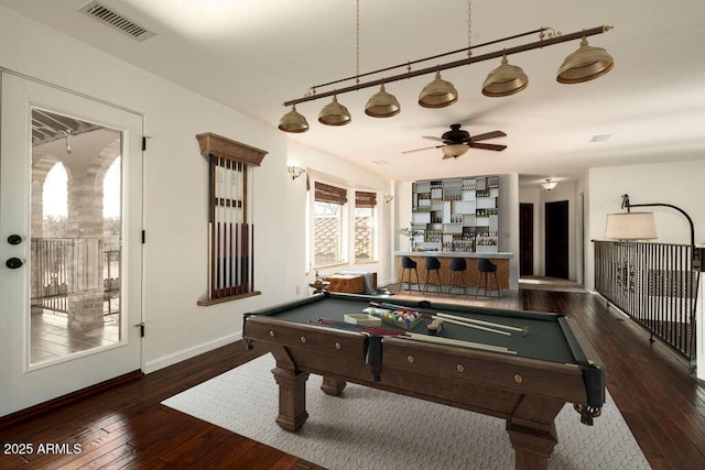 recreation room with dark hardwood / wood-style flooring, billiards, and ceiling fan