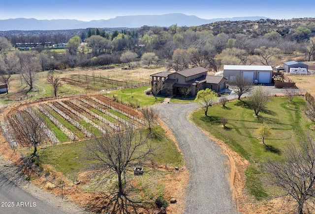 bird's eye view featuring a mountain view and a rural view