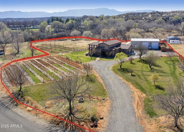 aerial view featuring a mountain view and a rural view