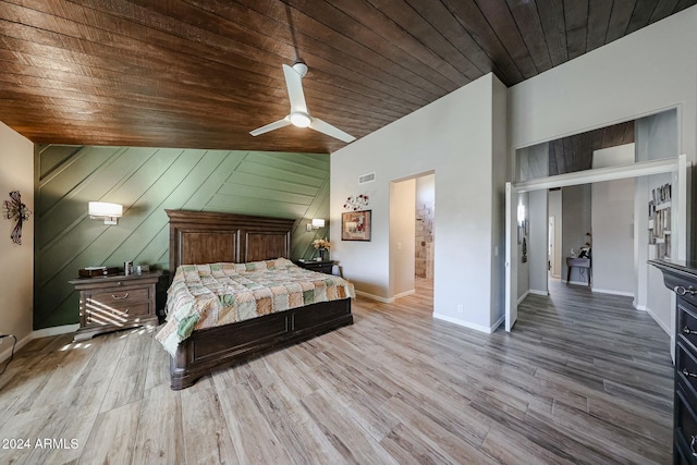 bedroom featuring light hardwood / wood-style floors, ceiling fan, wooden walls, and wood ceiling