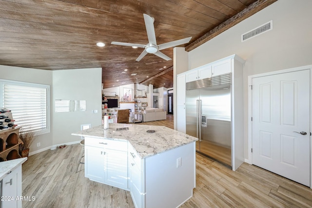 kitchen with vaulted ceiling, light hardwood / wood-style flooring, built in refrigerator, white cabinetry, and wood ceiling