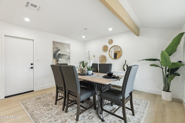 dining room featuring recessed lighting, beam ceiling, visible vents, and light wood finished floors