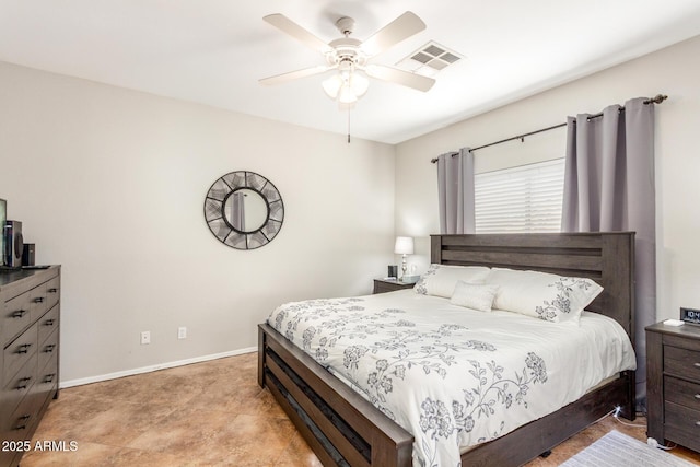 bedroom featuring visible vents, a ceiling fan, and baseboards