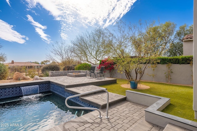 view of pool with a patio area, a fenced backyard, a fire pit, and a fenced in pool