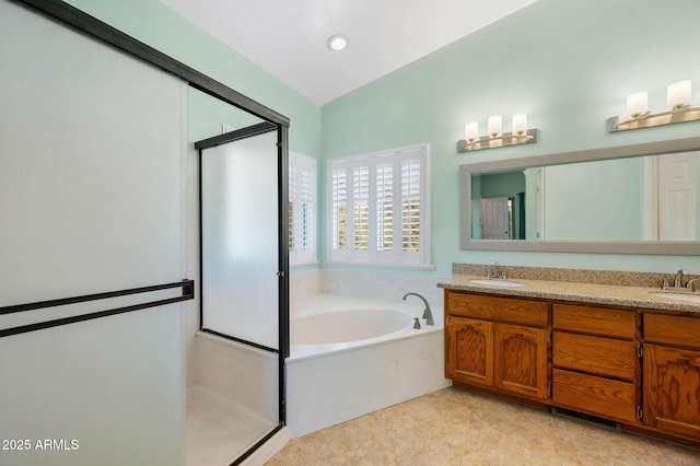 1405 Eagle Ridge Rd, Prescott, AZ 86301 - bathroom featuring a stall shower, a garden tub, double vanity, and recessed lighting