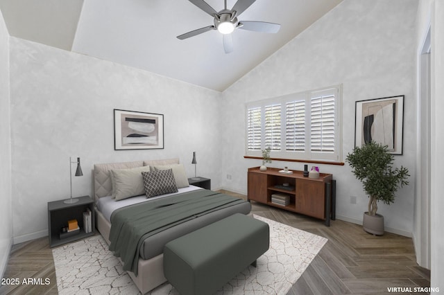 1405 Eagle Ridge Rd, Prescott, AZ 86301 - bedroom featuring high vaulted ceiling, baseboards, and ceiling fan