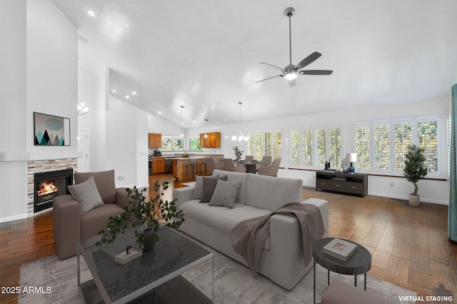 1405 Eagle Ridge Rd, Prescott, AZ 86301 - living area featuring wood finished floors, ceiling fan, high vaulted ceiling, recessed lighting, and plenty of natural light