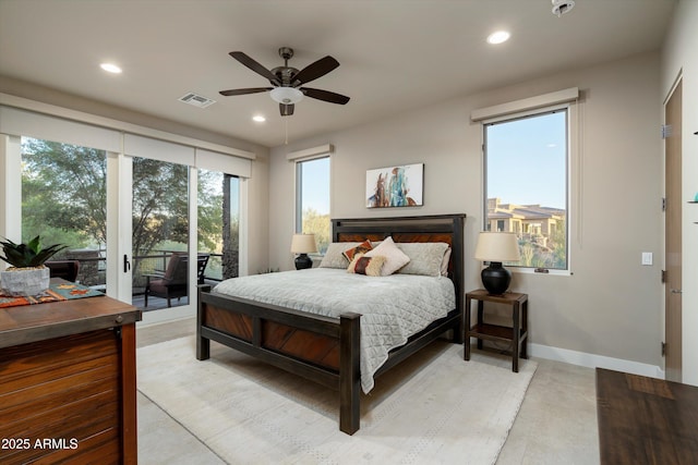 bedroom featuring access to outside and ceiling fan