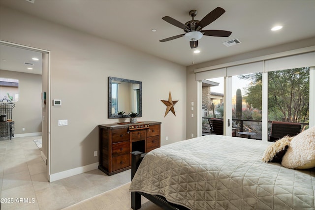 bedroom featuring access to exterior and ceiling fan