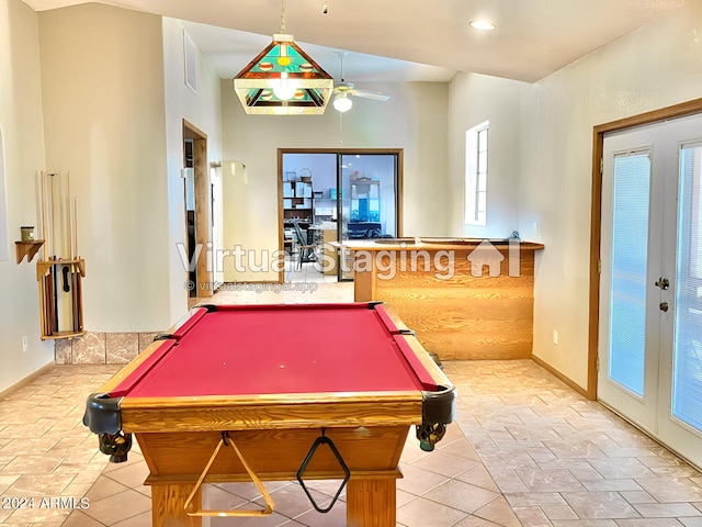 playroom featuring billiards, light tile patterned floors, ceiling fan, and french doors