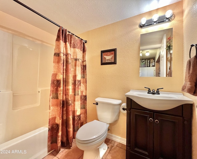 full bathroom with shower / bathtub combination with curtain, vanity, a textured ceiling, tile patterned floors, and toilet