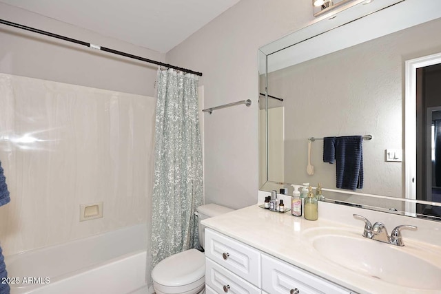 full bath with vanity, toilet, and shower / bathtub combination with curtain