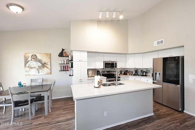 kitchen with a sink, visible vents, white cabinets, light countertops, and appliances with stainless steel finishes