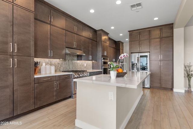 kitchen featuring visible vents, light wood-style flooring, under cabinet range hood, stainless steel appliances, and decorative backsplash