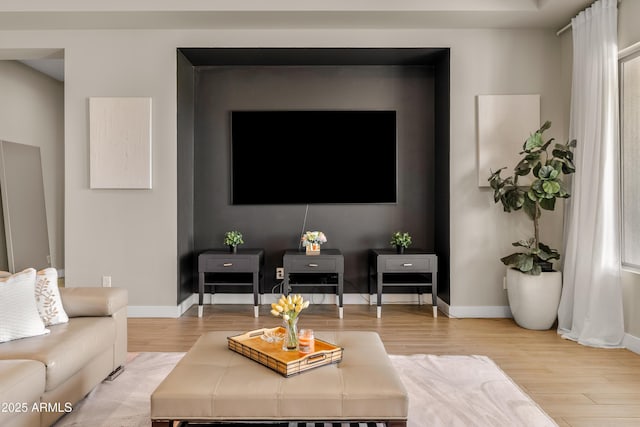 living room with baseboards and wood finished floors