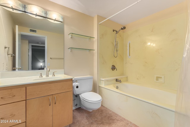 full bathroom with tile patterned flooring, vanity, shower / bath combination, and toilet