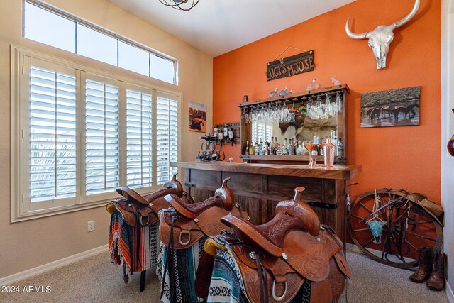 interior space featuring carpet flooring, baseboards, and a dry bar