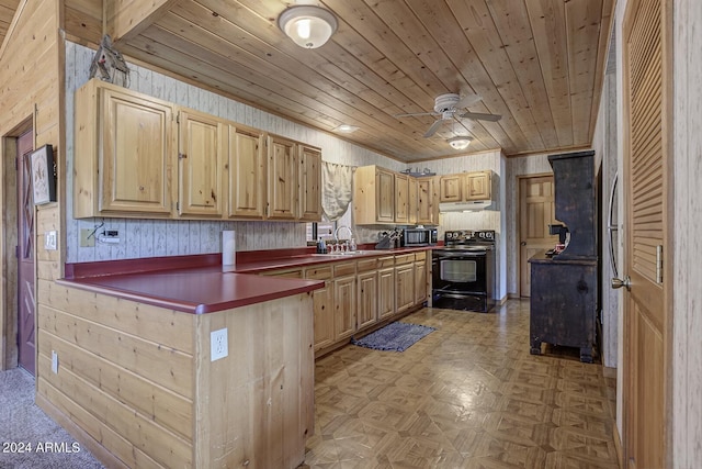 kitchen with sink, black range with electric stovetop, wood ceiling, and light brown cabinets