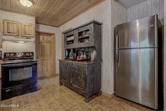 kitchen featuring wooden ceiling, light parquet flooring, stainless steel refrigerator, light brown cabinets, and black / electric stove