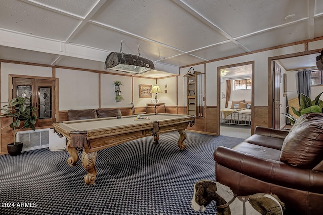 game room with coffered ceiling, pool table, and carpet