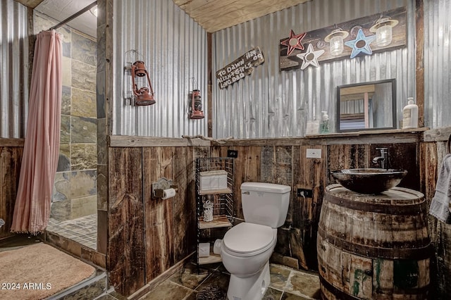 bathroom featuring a shower with curtain, toilet, and vanity