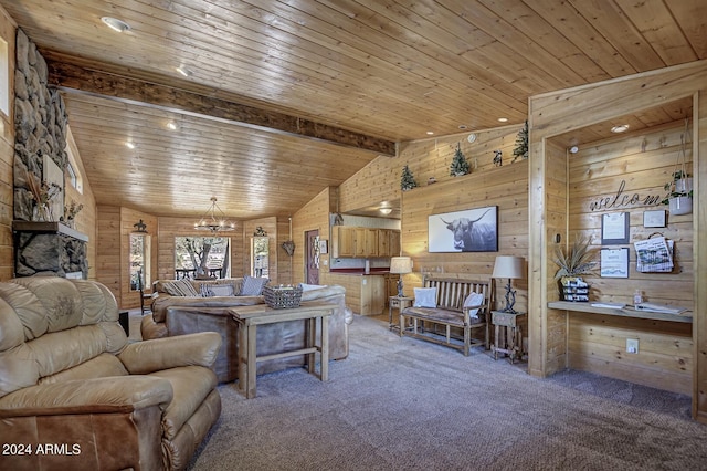 living room featuring an inviting chandelier, lofted ceiling with beams, wood walls, and carpet