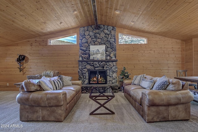 living room featuring wooden walls, lofted ceiling with beams, carpet, and plenty of natural light