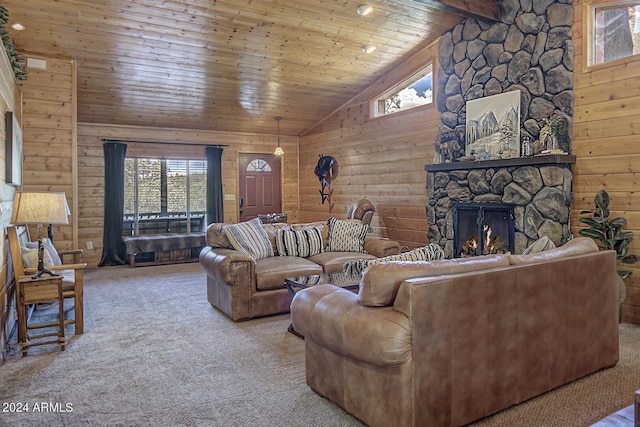 living room featuring wooden ceiling, a stone fireplace, high vaulted ceiling, beam ceiling, and light colored carpet