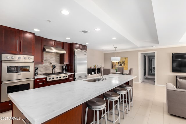 kitchen with backsplash, a kitchen island with sink, sink, a breakfast bar area, and stainless steel appliances