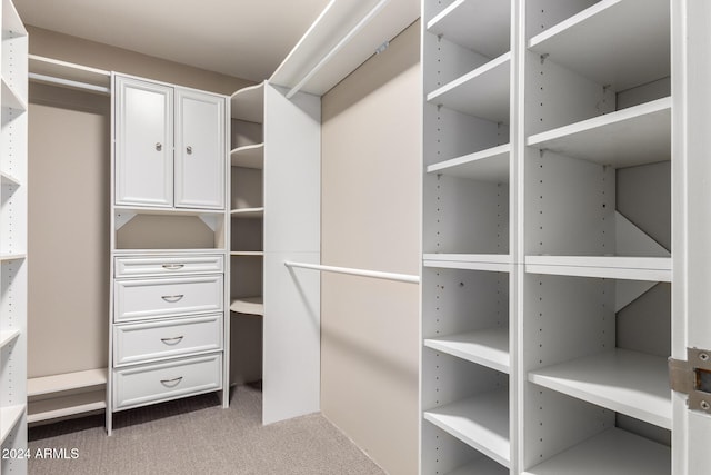 walk in closet with light carpet