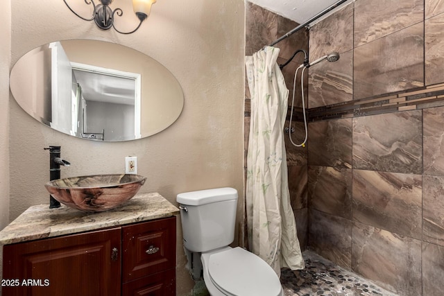 bathroom featuring vanity, toilet, and walk in shower