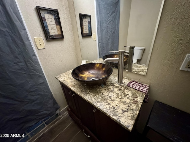 bathroom with vanity, wood-type flooring, and toilet