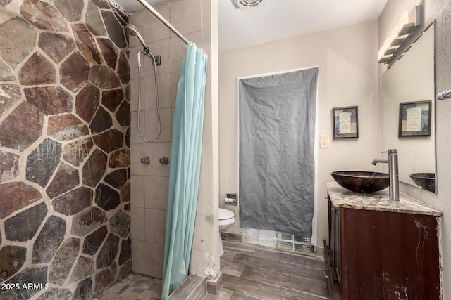 bathroom featuring vanity, curtained shower, and toilet