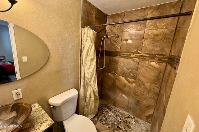 bathroom featuring vanity, toilet, and a shower with curtain