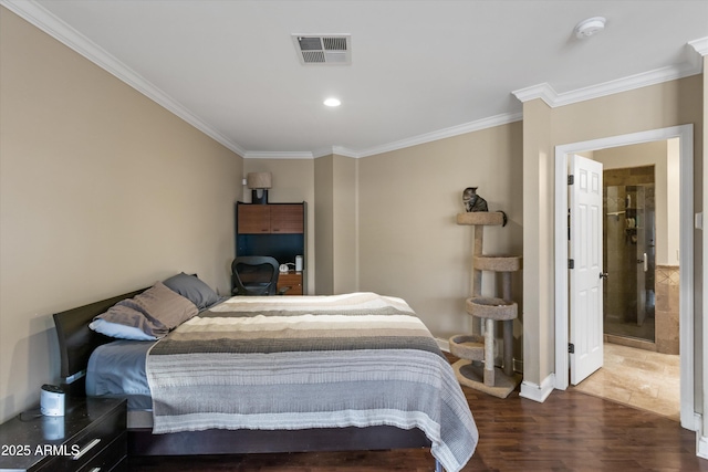 bedroom with dark wood-type flooring and ornamental molding