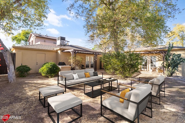 view of patio / terrace featuring french doors, an outdoor hangout area, and central AC