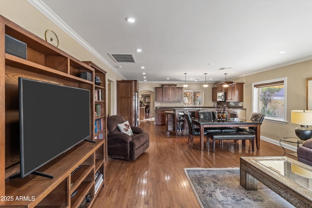 living room featuring crown molding and dark wood-type flooring