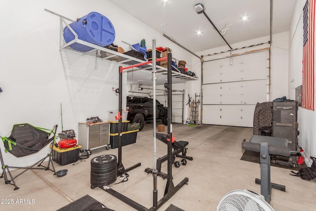 workout room with a garage
