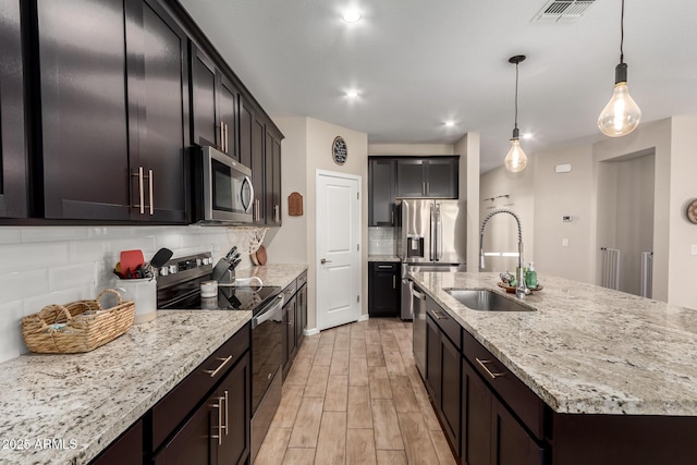 kitchen with visible vents, decorative backsplash, a center island with sink, a sink, and appliances with stainless steel finishes