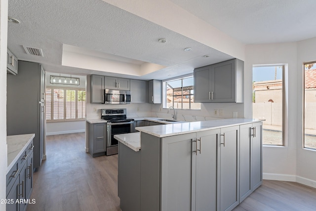16609 S 41st St, Phoenix, AZ 85048 - kitchen with stainless steel appliances, gray cabinetry, light wood finished floors, a peninsula, and a textured ceiling