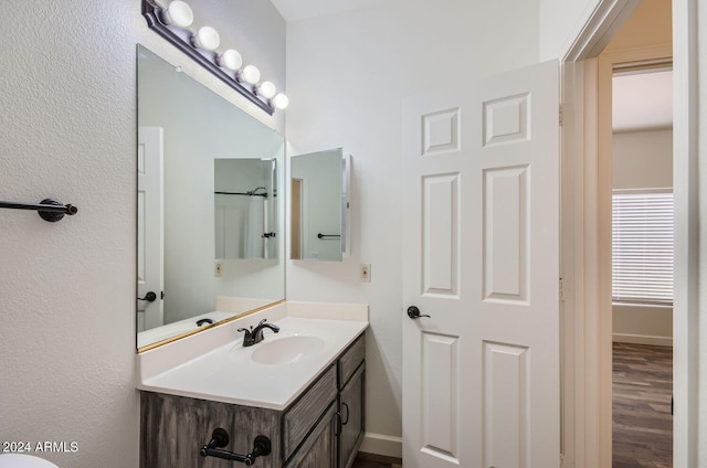 bathroom with hardwood / wood-style flooring and vanity