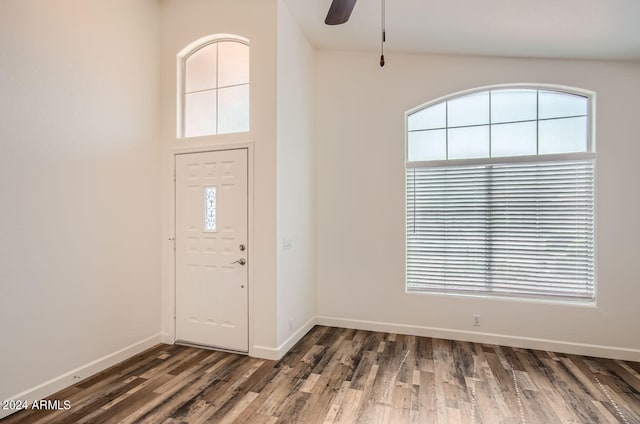 entryway featuring dark hardwood / wood-style floors and ceiling fan