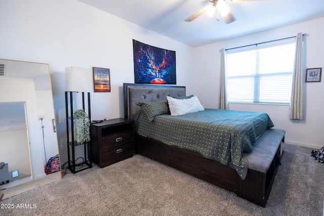 bedroom with carpet flooring, a ceiling fan, and baseboards